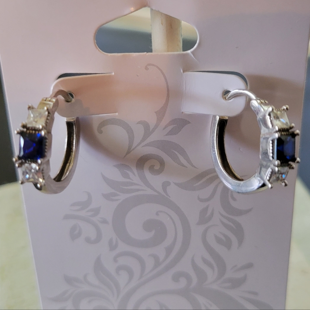 💙🤍925 SS🤍💙 CZ and lab created Blue Sapphire Hoop Earrings